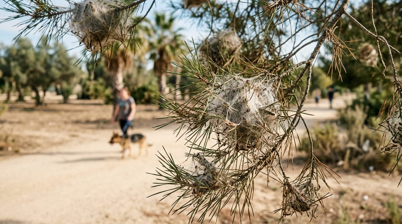 White silky processionary caterpillar nests in a pine tree with a dog on a lead in the background