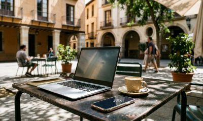 Person working on a laptop on public Wi-Fi in a café in Spain