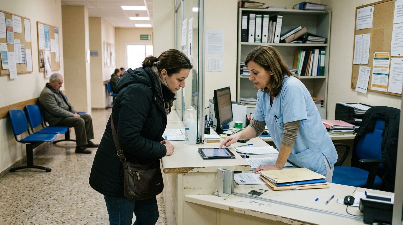 Nurse helping a resident with her digital health record at a Spanish health centre reception