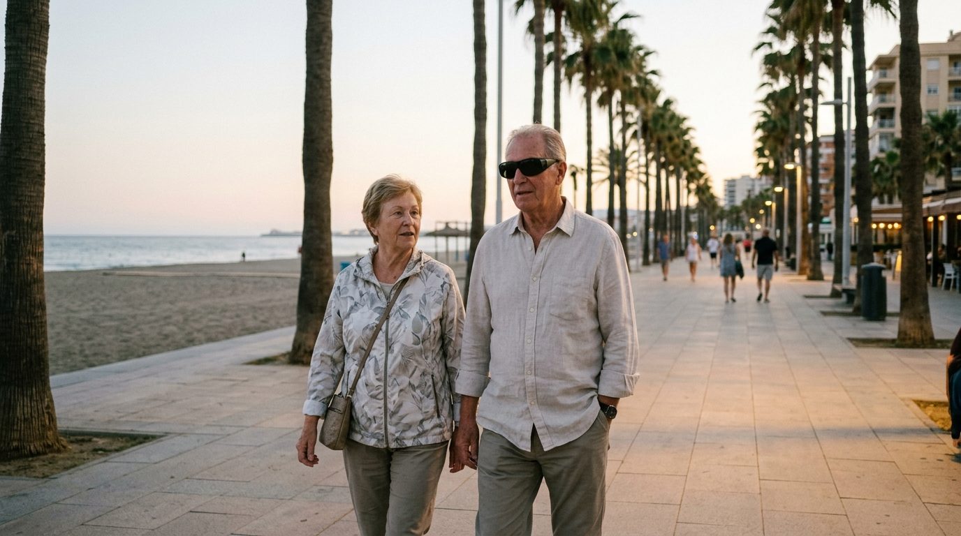 Older expat man in protective sunglasses after eye surgery walking with his wife on a seafront promenade in southern Spain