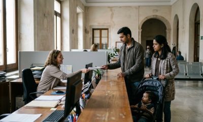 Young couple with a toddler handing documents to a clerk at a Spanish town hall desk to register on the padrón
