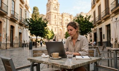 Woman working on a laptop at a café terrace in Málaga old town with the cathedral behind