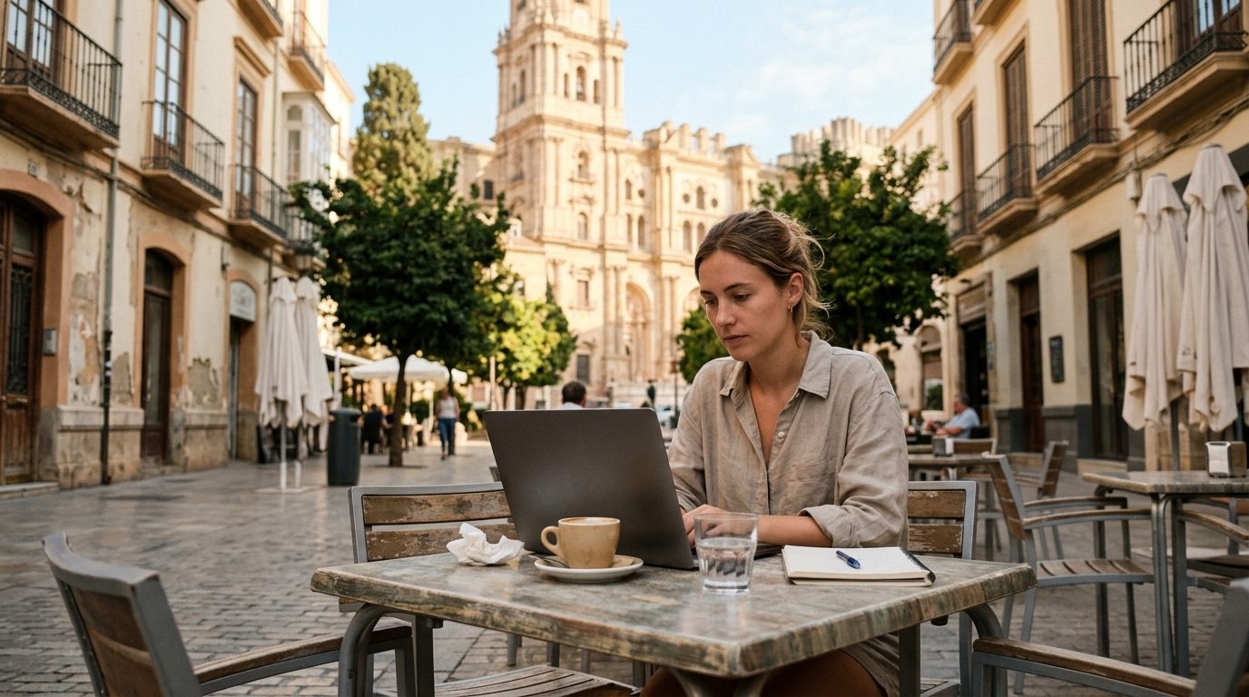 Woman working on a laptop at a café terrace in Málaga old town with the cathedral behind