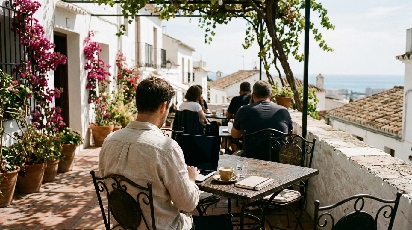 Remote worker with a laptop at a café terrace in a white Andalusian village with bougainvillea and sea view