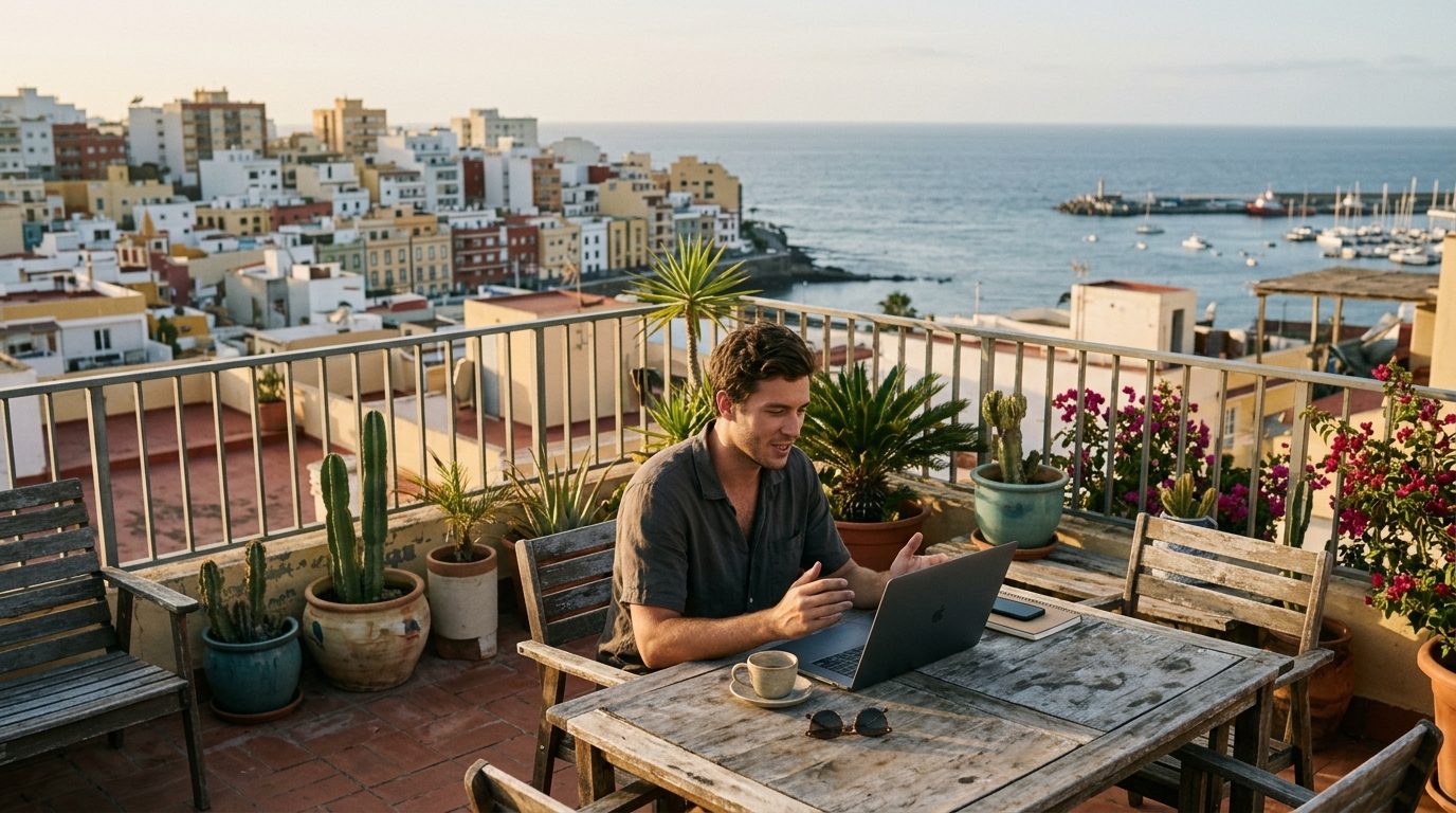 Young man working remotely on a video call from a rooftop terrace in Las Palmas with the ocean behind him