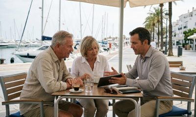 Retired expat couple discussing investments with a financial adviser at a marina café in Spain