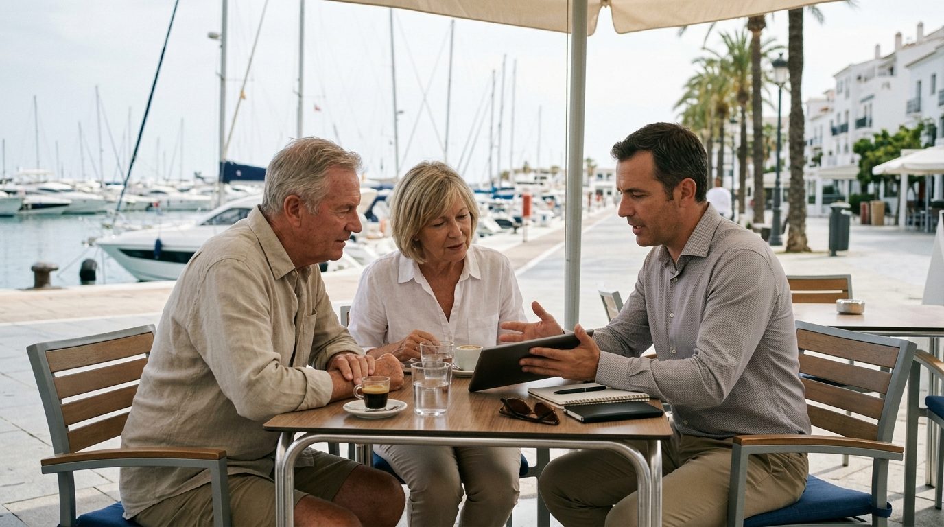 Retired expat couple discussing investments with a financial adviser at a marina café in Spain