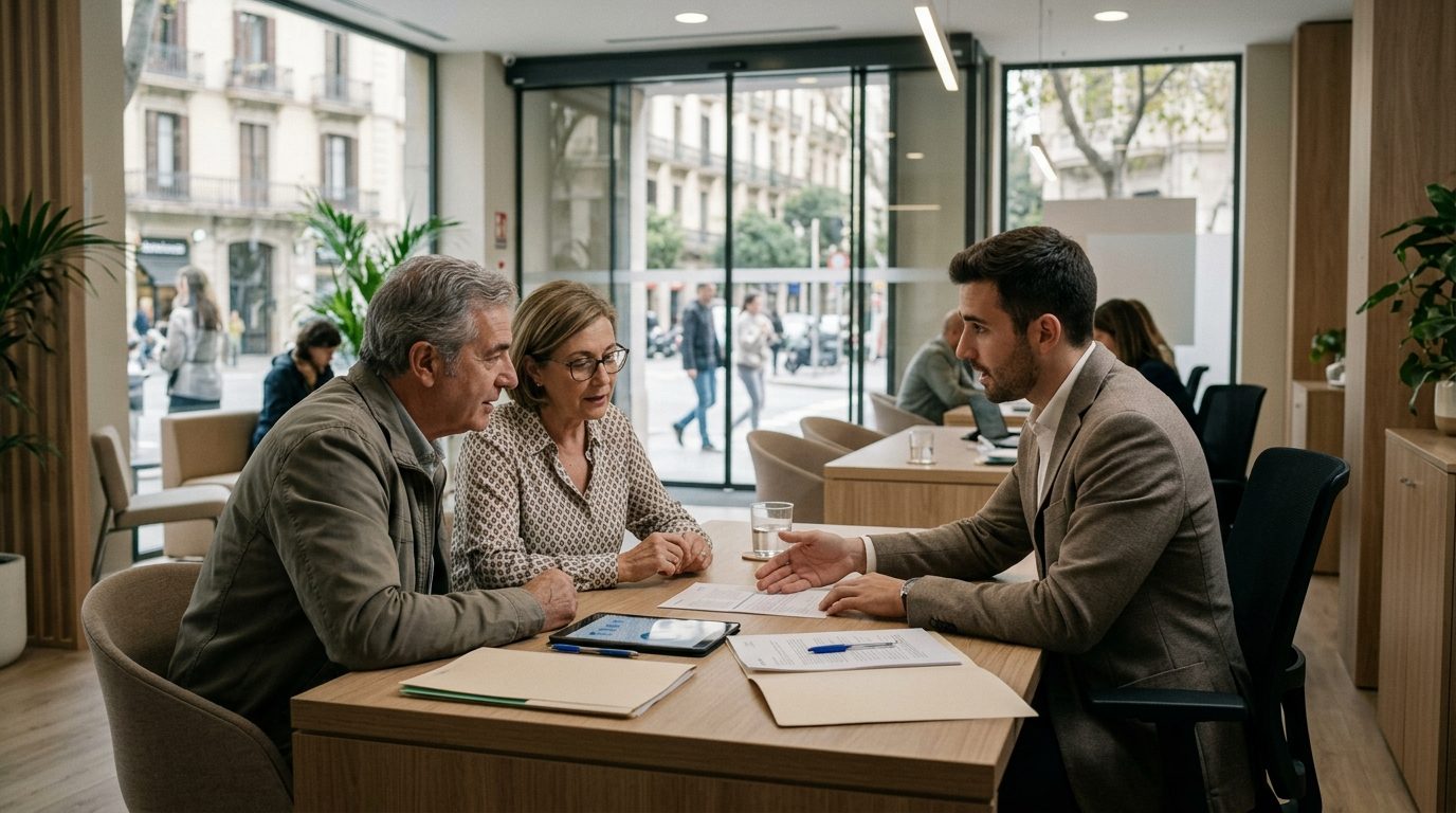 Retired couple talking with a young advisor at a desk in a modern bank branch in Spain