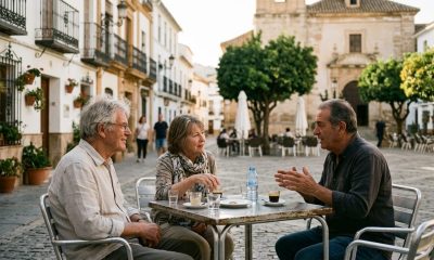 Retired couple in their seventies chatting with a local neighbour at a cafe table in an Andalusian town square at sunset