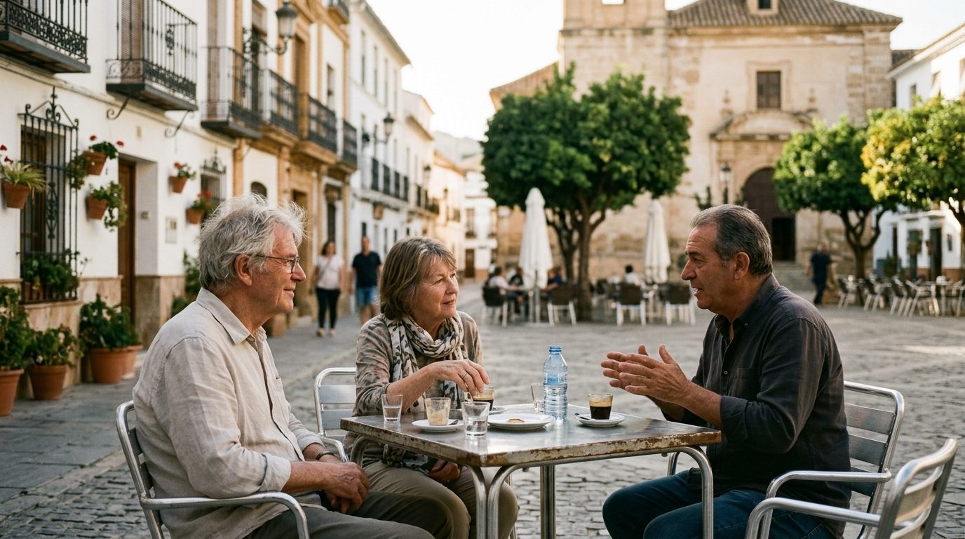 Retired couple in their seventies chatting with a local neighbour at a cafe table in an Andalusian town square at sunset
