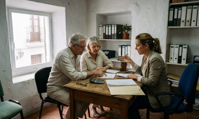 Retired couple reviewing bank statements with a tax adviser at a wooden desk in a Marbella office