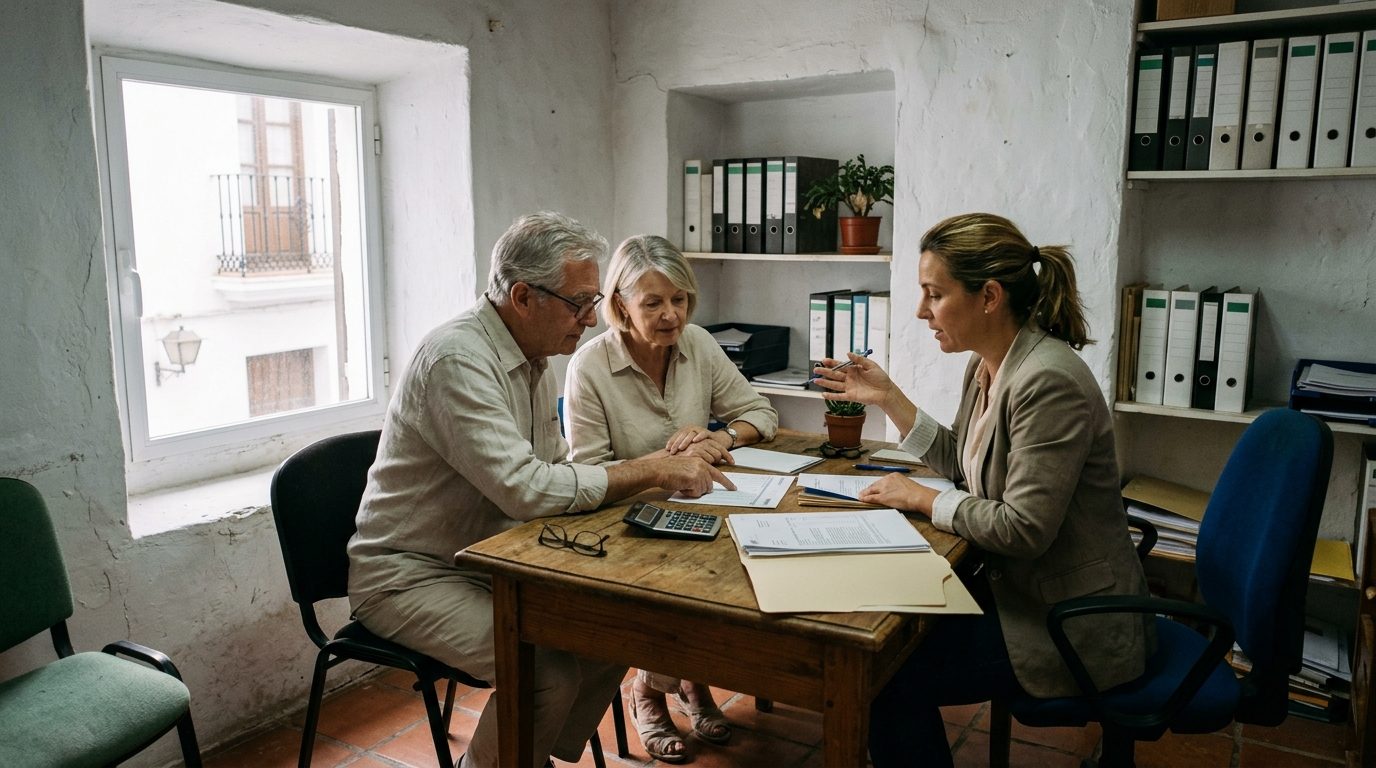 Retired couple reviewing bank statements with a tax adviser at a wooden desk in a Marbella office