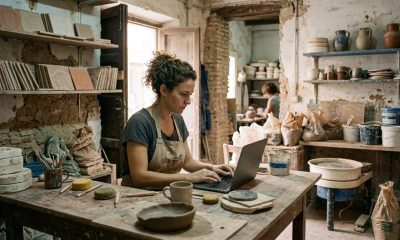 Self-employed woman doing paperwork on a laptop in her small ceramics workshop in Seville