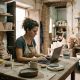 Self-employed woman doing paperwork on a laptop in her small ceramics workshop in Seville