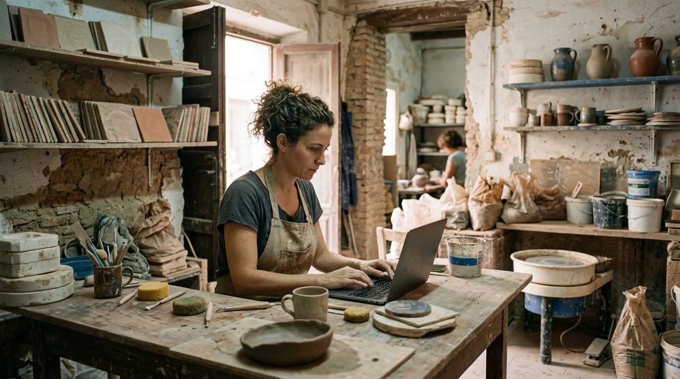 Self-employed woman doing paperwork on a laptop in her small ceramics workshop in Seville