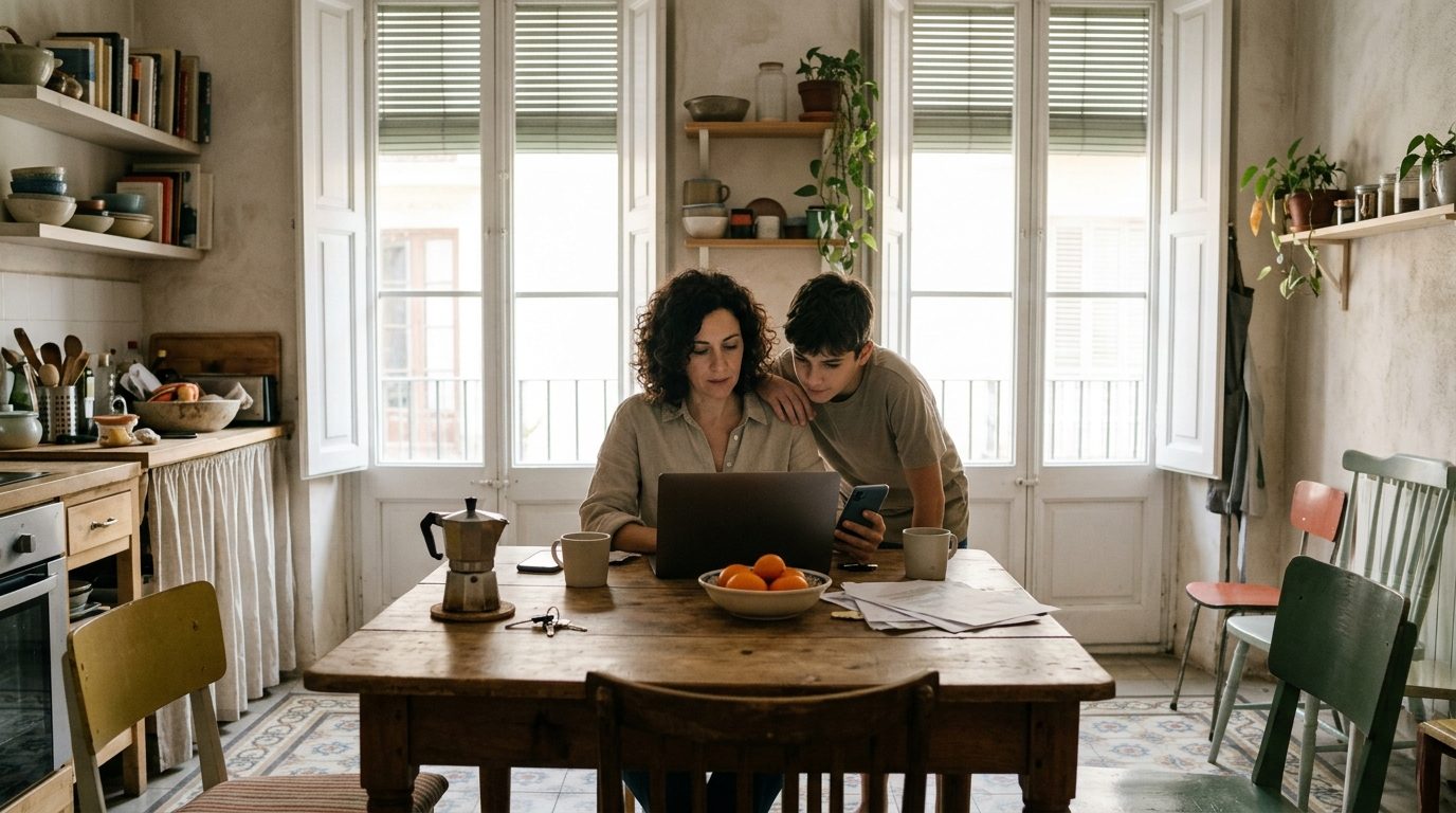 Woman at a kitchen table in Valencia using a laptop and phone to set up her Spanish digital certificate while her son watches