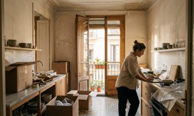 Woman in her late thirties unpacking boxes and using a laptop in a sunny new apartment in Valencia