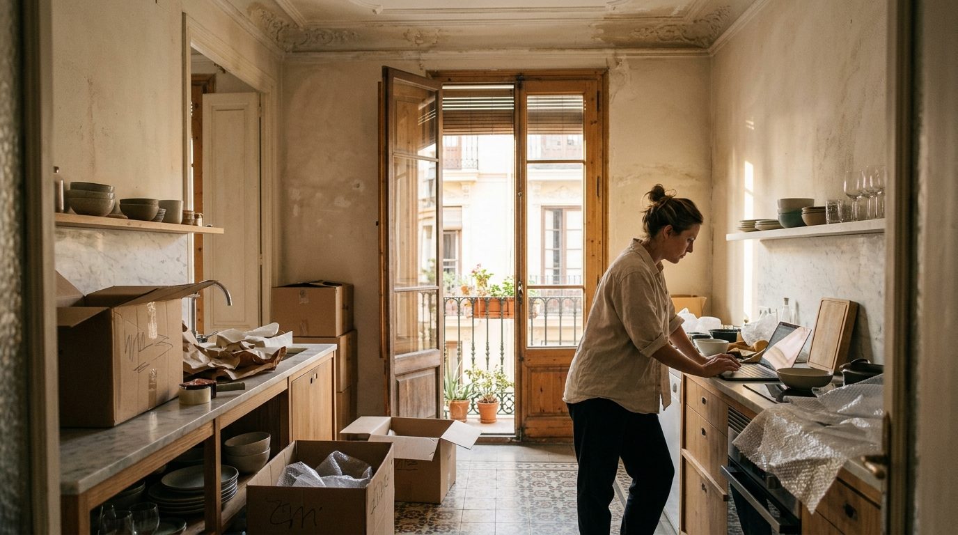 Woman in her late thirties unpacking boxes and using a laptop in a sunny new apartment in Valencia