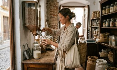 Woman filling glass jars with lentils at a zero-waste grocery shop in an Andalusian old town