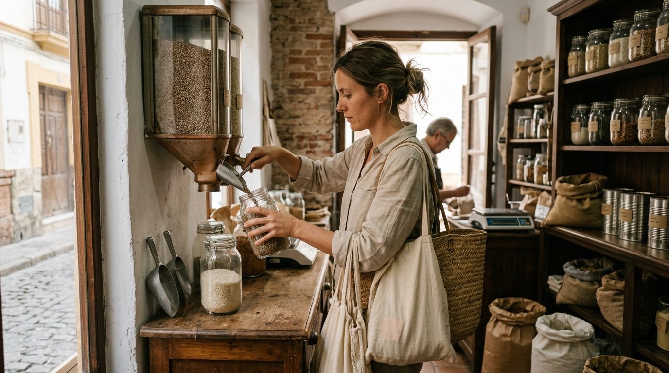 Woman filling glass jars with lentils at a zero-waste grocery shop in an Andalusian old town