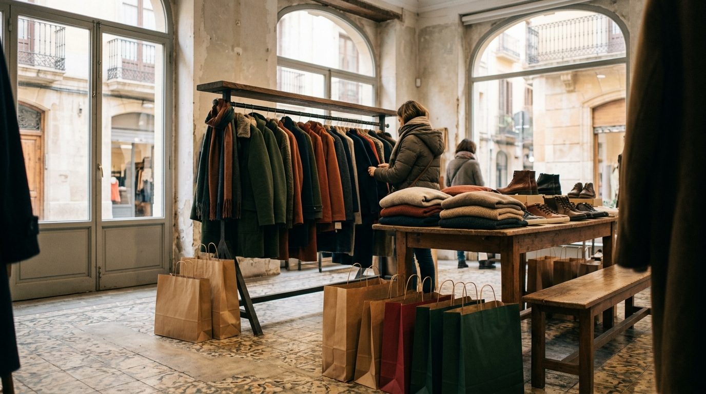 Shopping bags and a clothes rail in a Spanish fashion shop during the sales