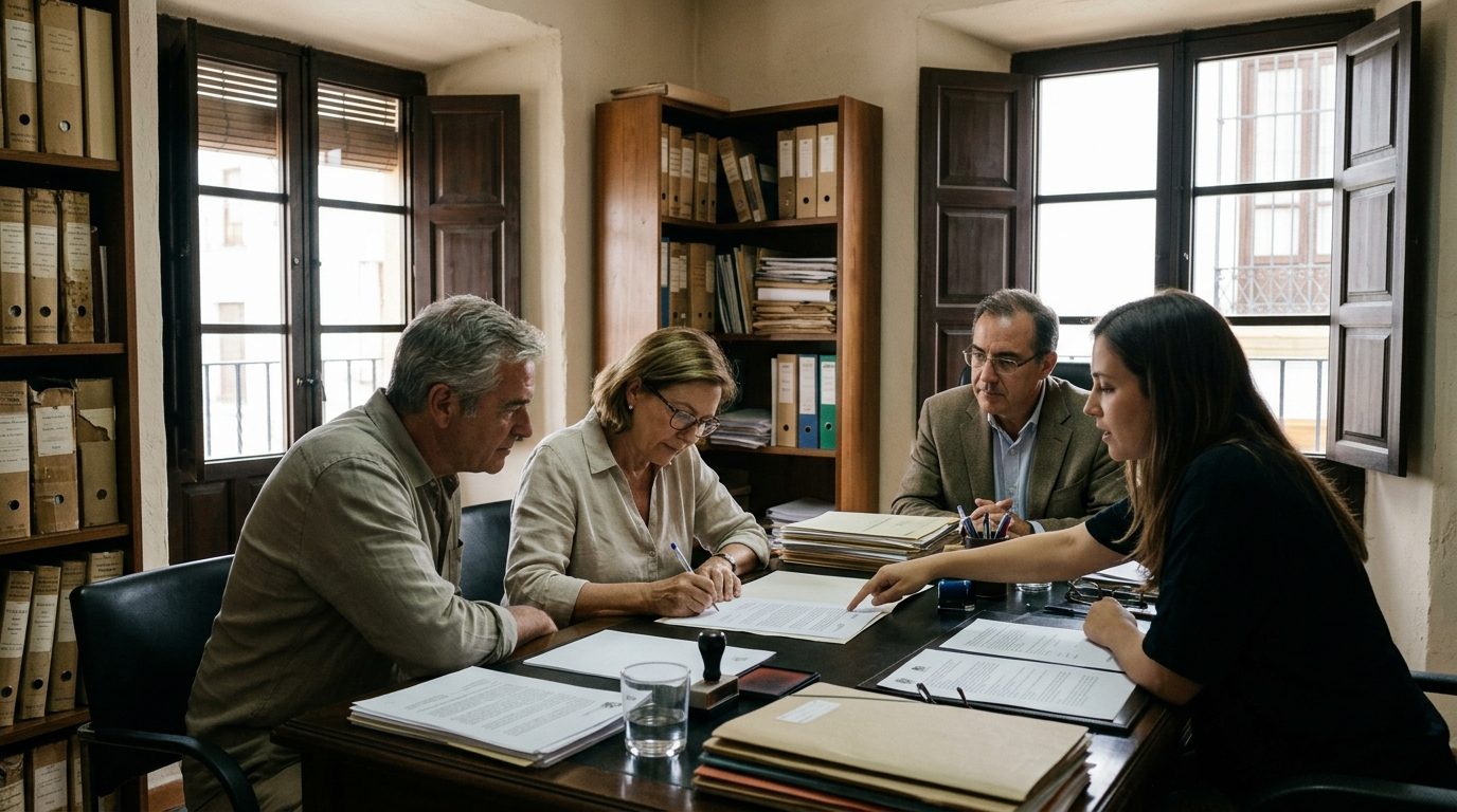 Couple in their fifties signing a property purchase deed with a notary and interpreter in an office in Ronda