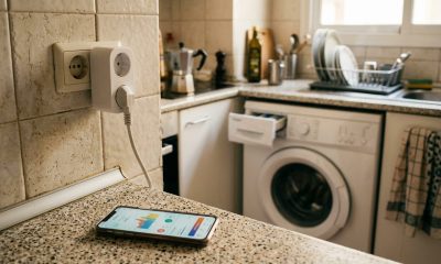 Smart plug and smartphone energy app on a kitchen counter in a bright Spanish apartment