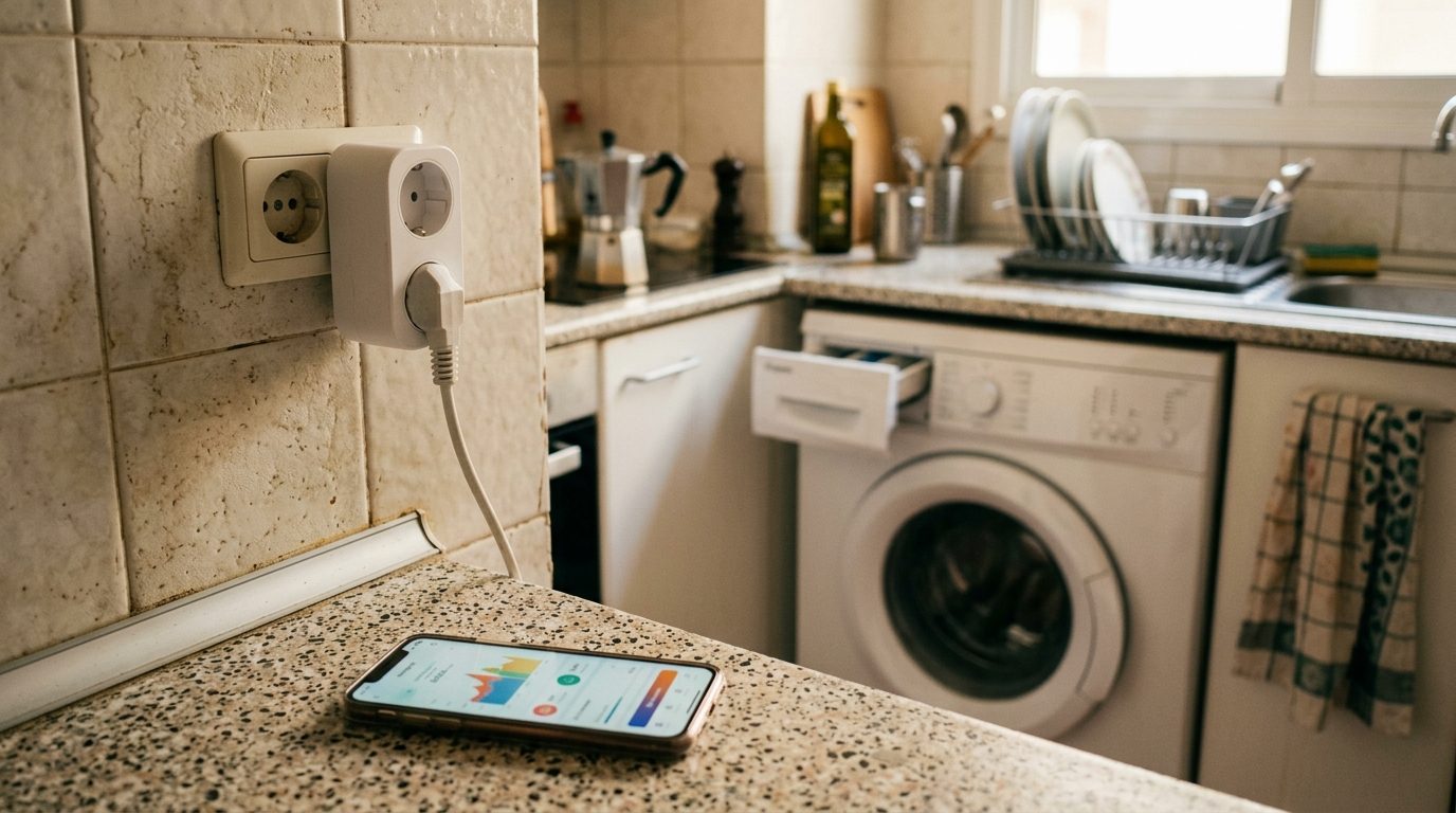 Smart plug and smartphone energy app on a kitchen counter in a bright Spanish apartment