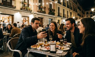 Group of friends at a tapas bar terrace in Madrid at night splitting the bill on a smartphone
