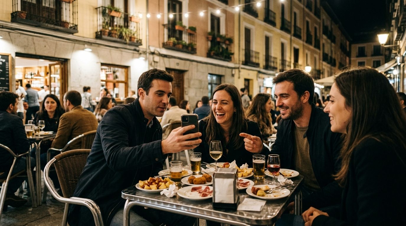Group of friends at a tapas bar terrace in Madrid at night splitting the bill on a smartphone