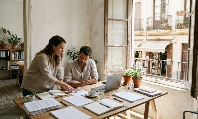 Two entrepreneurs planning a new business in an office in Spain