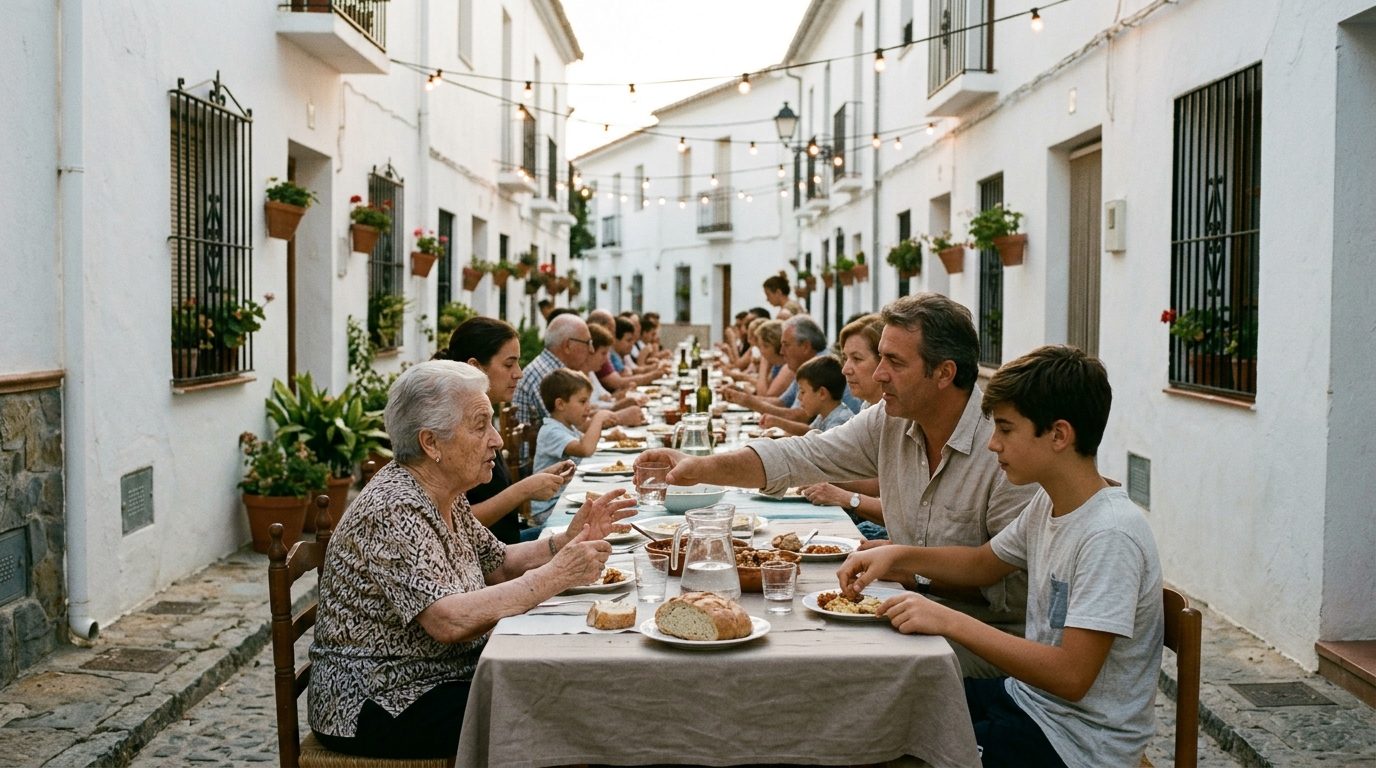 Locals and expats sharing a long table at a summer street dinner in a whitewashed Andalusian village
