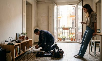 Technician connecting a fibre internet router while a tenant waits in a bright Spanish apartment