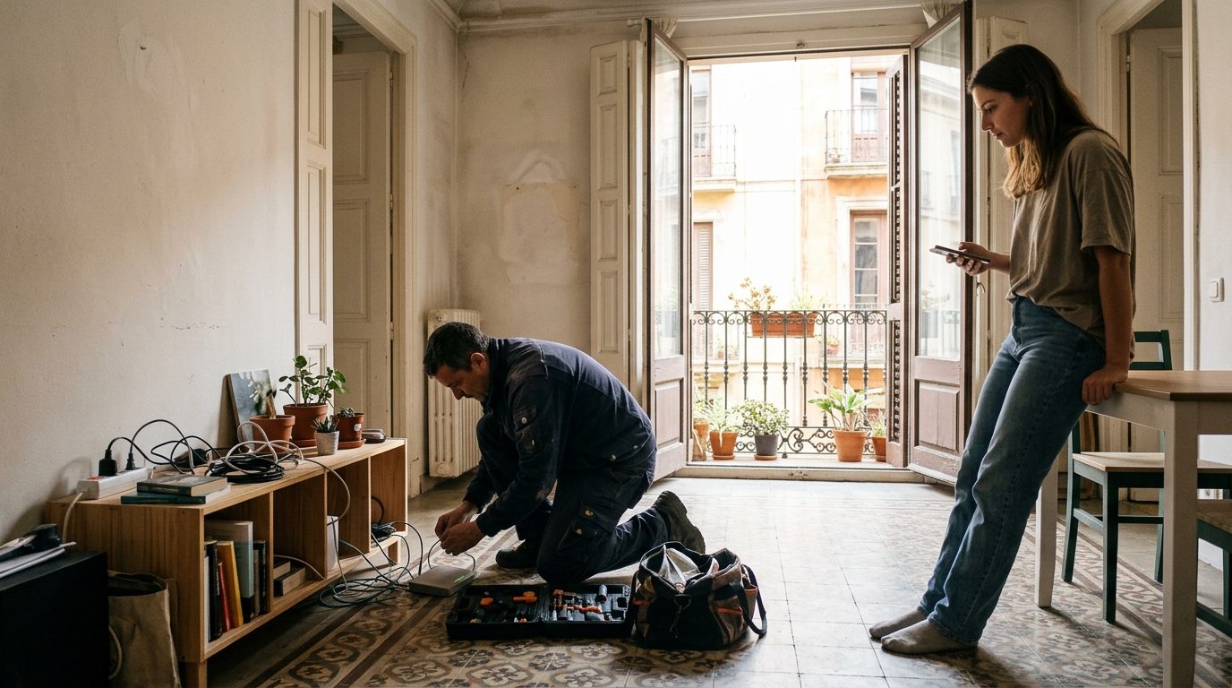 Technician connecting a fibre internet router while a tenant waits in a bright Spanish apartment
