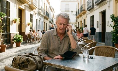 Older man on the phone at a Málaga street café with an empty wallet after losing his passport