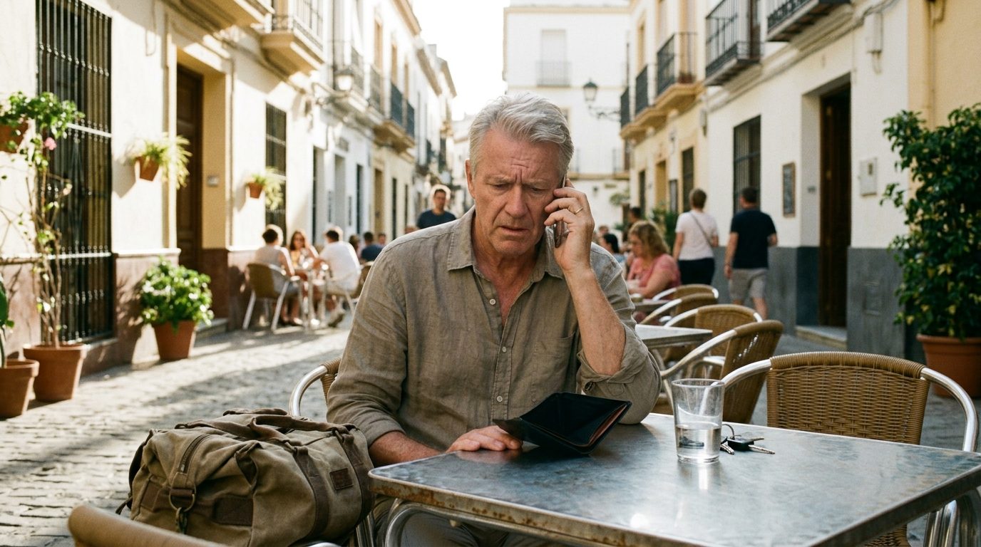 Older man on the phone at a Málaga street café with an empty wallet after losing his passport