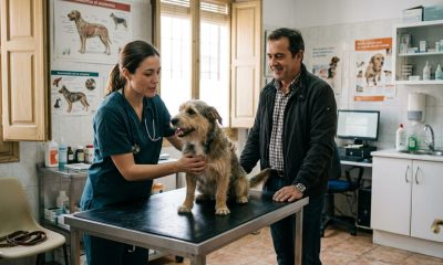 A vet checks a dog while its owner watches in a veterinary clinic in Spain