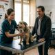 A vet checks a dog while its owner watches in a veterinary clinic in Spain