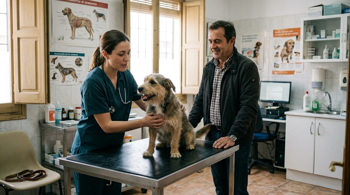 A vet checks a dog while its owner watches in a veterinary clinic in Spain
