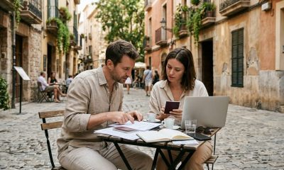 Couple at a café in Spain reviewing passports and visa documents