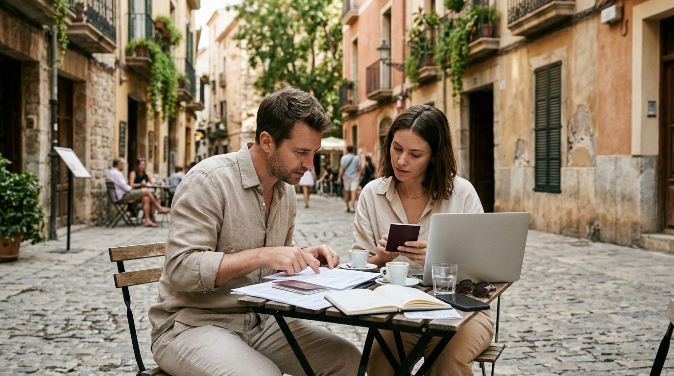 Couple at a café in Spain reviewing passports and visa documents