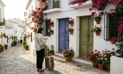 Traveller comparing a photo on her phone with the entrance of a house in Mijas