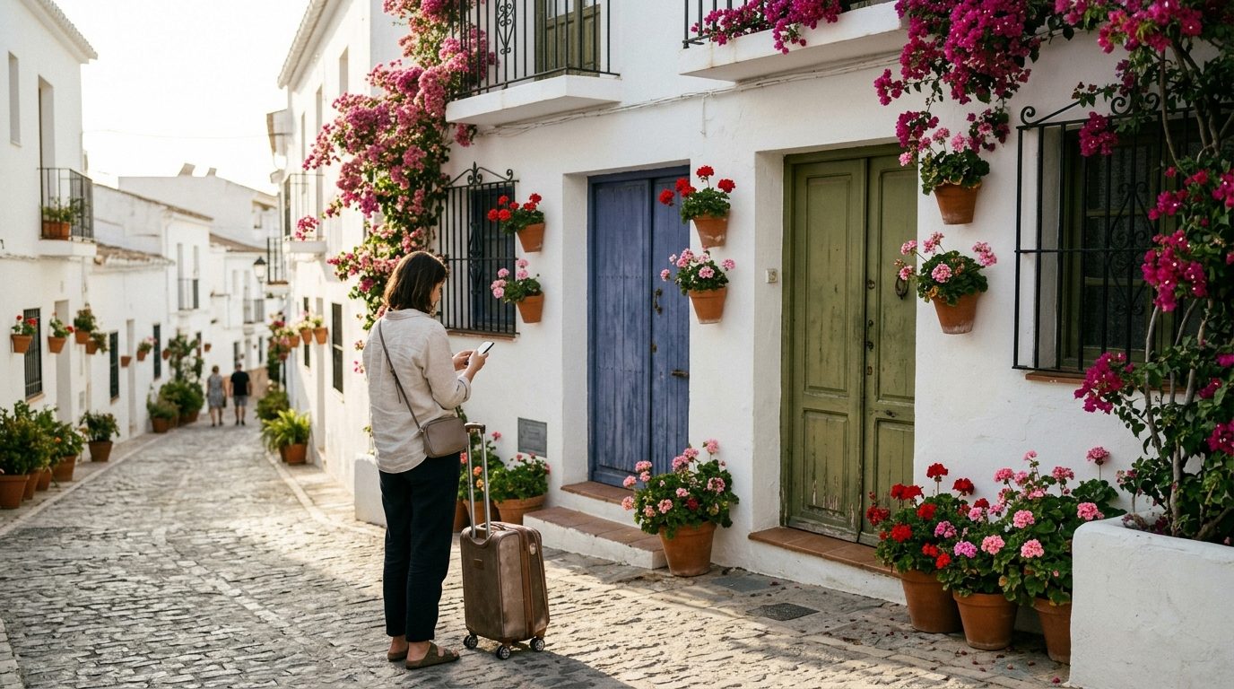 Traveller comparing a photo on her phone with the entrance of a house in Mijas