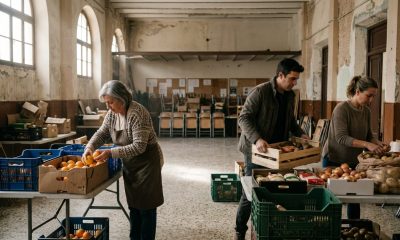 Volunteers of different ages sorting food donations into crates at a community food bank in Málaga