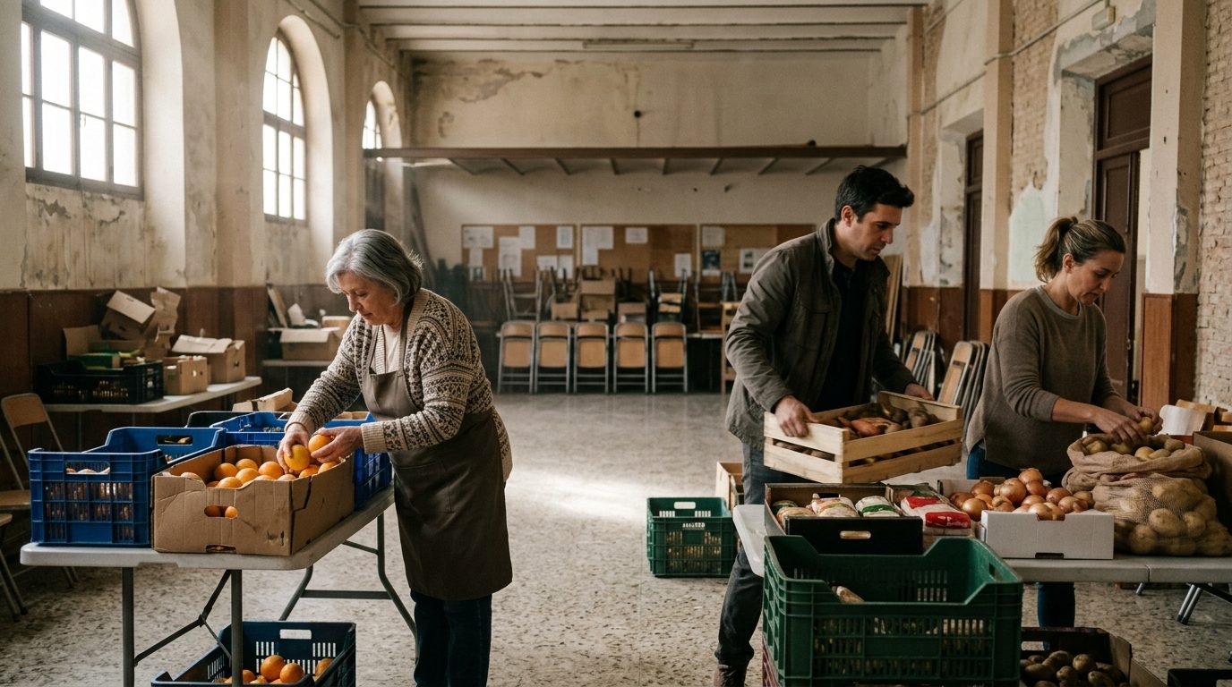 Volunteers of different ages sorting food donations into crates at a community food bank in Málaga