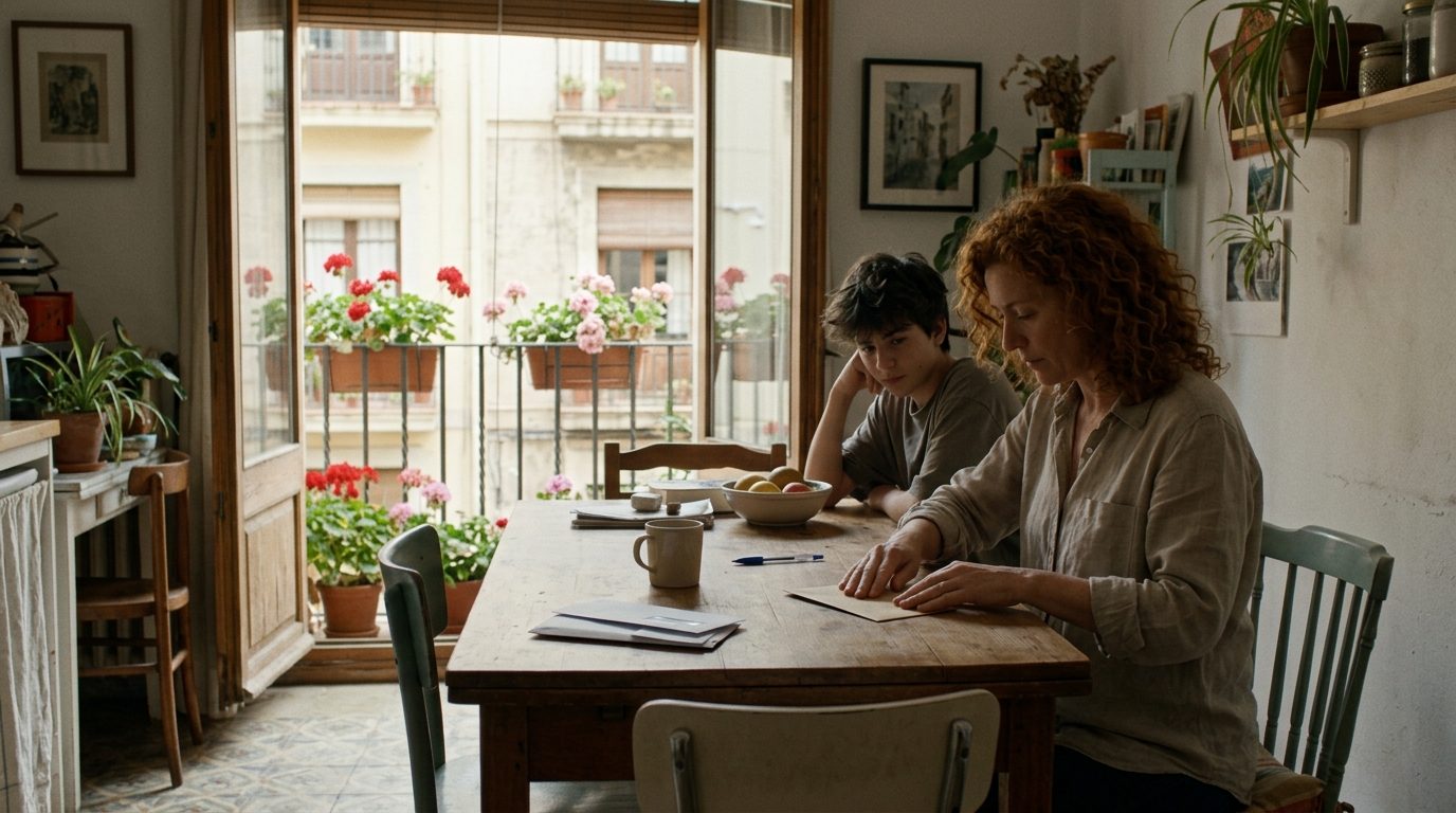 Woman sealing a postal vote envelope at her kitchen table in a sunny Spanish apartment while her son watches