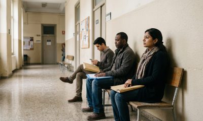 Three people with document folders waiting on a bench in a Spanish public office corridor