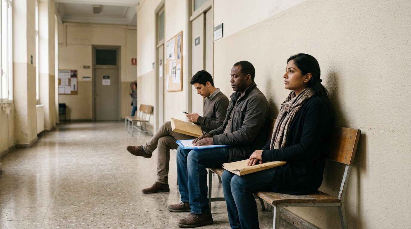 Three people with document folders waiting on a bench in a Spanish public office corridor