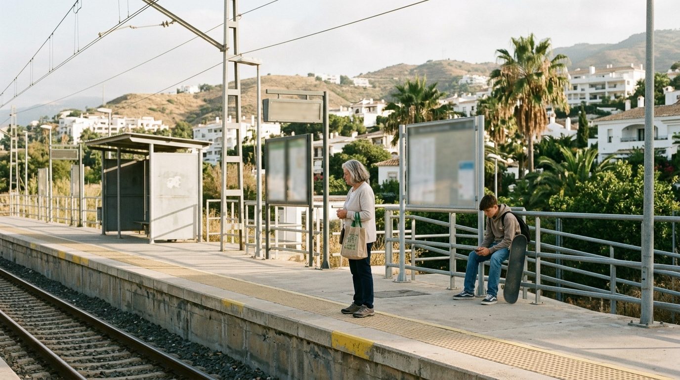 Older woman and teenage boy waiting on a sunny train platform in Benalmádena on the Costa del Sol in the morning