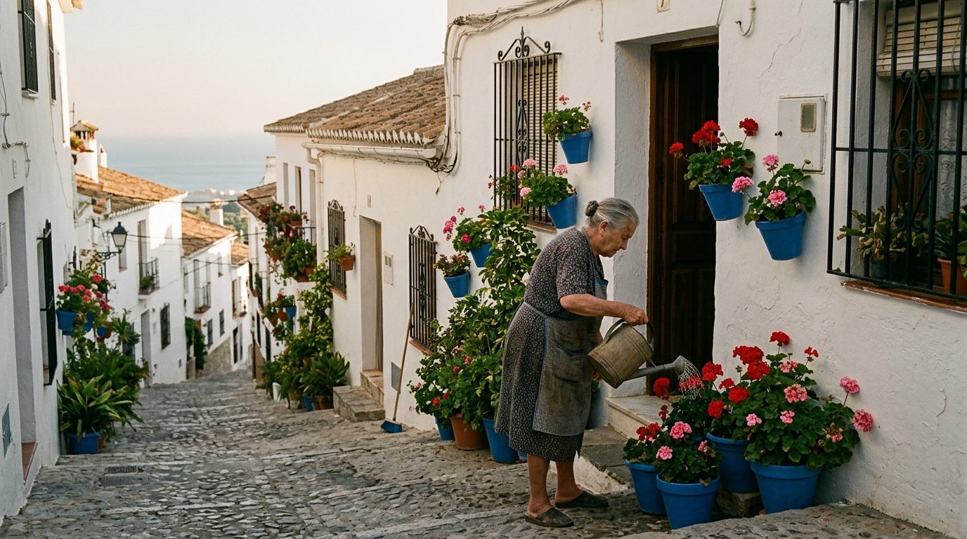 Elderly woman watering geraniums outside a whitewashed house on a cobbled street in Mijas Pueblo with the sea in the distance